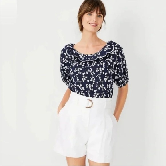Ann Taylor Navy & White Embroidered Short Puff Sleeve Top Cottagecore Sz XXL - Picture 1 of 12